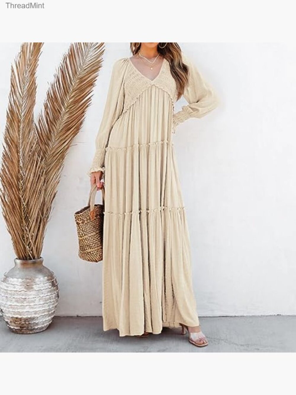 Long Sleeve V-Neck Maxi Dress Empire Waist Ruffle Hem Flowy Boho Casual - Picture 4 of 7